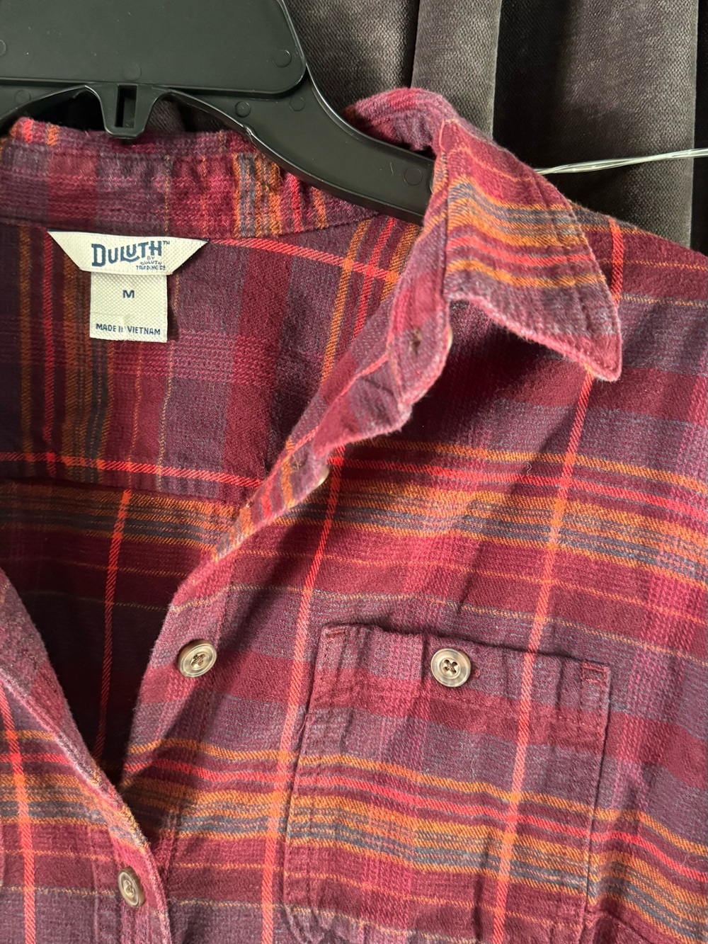 Duluth Trading Co Burgundy and Orange Plaid Button-Down Shirt